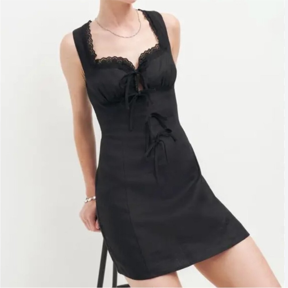 NWT Reformation Reia Linen Mini Dress Black Bow Tie Size 10